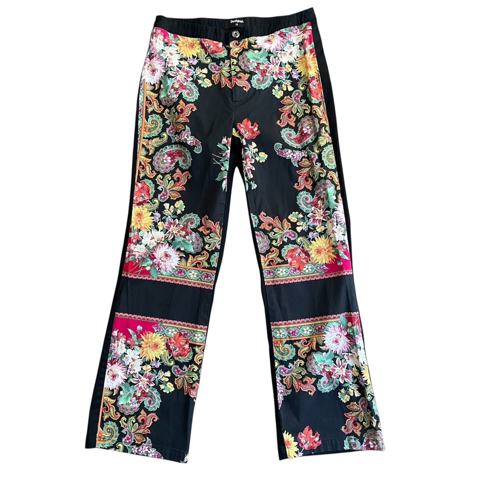 Desigual Pants Women 38 Black Floral Paisley Print Eclectic Boho Art to wear